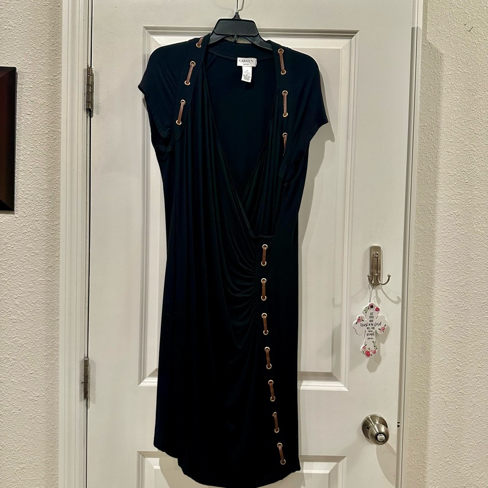 Carmen Marc Valvo Black Midi Dress with Gold Accents